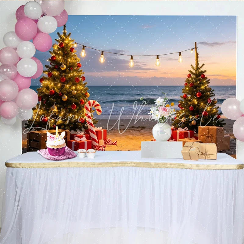 Lofaris Christmas Beach Backdrop with Decorated Trees Ocean Sunset and Gifts Festive Holiday Photography Background for Party Decor