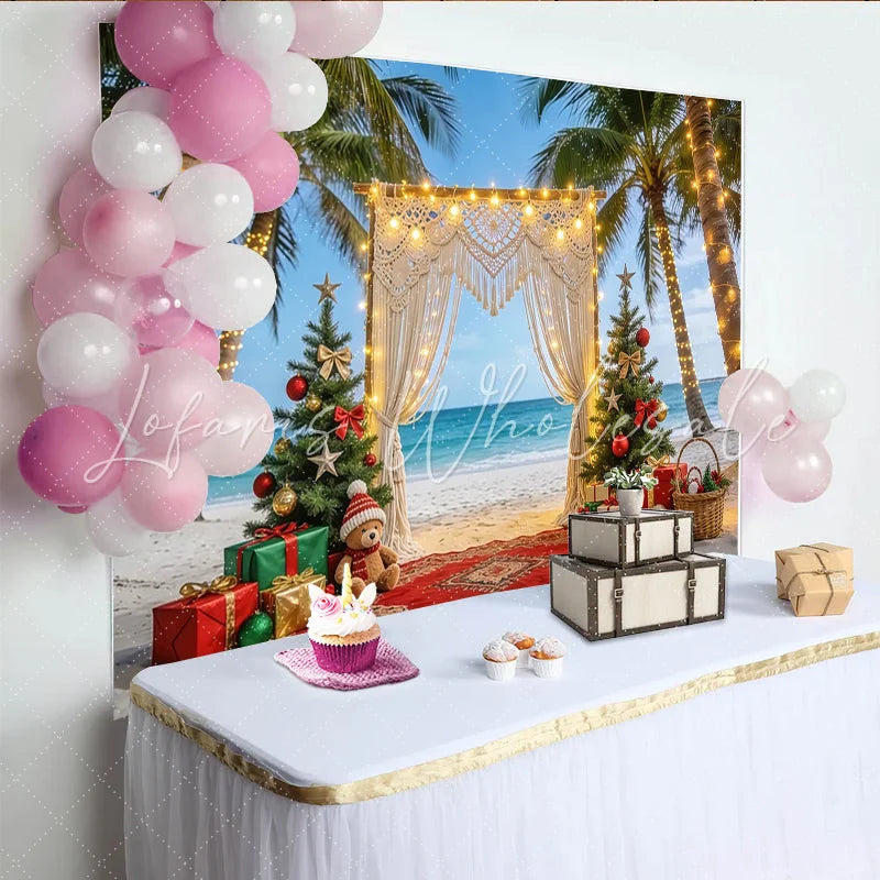 Lofaris Christmas Beach Backdrop with Palm Trees and Macrame Arch Festive Holiday Background for Tropical Party Decor