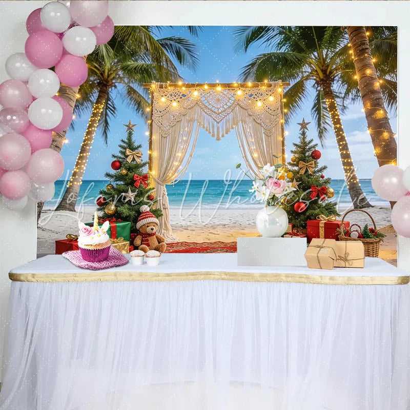 Lofaris Christmas Beach Backdrop with Palm Trees and Macrame Arch Festive Holiday Background for Tropical Party Decor