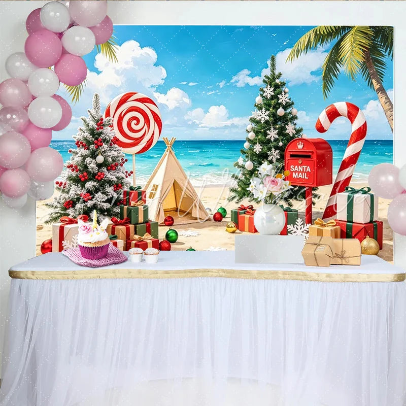 Lofaris Christmas Beach Photography Backdrop with Decorated Trees and Gifts Tropical Holiday Background for Festive Photoshoot