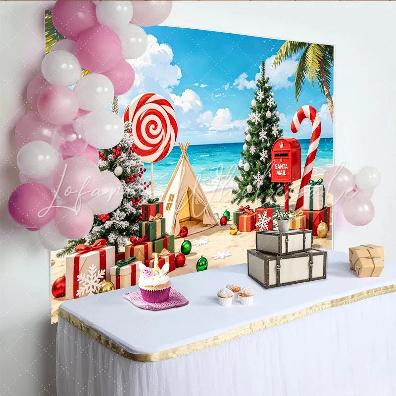 Lofaris Christmas Beach Photography Backdrop with Decorated Trees and Gifts Tropical Holiday Background for Festive Photoshoot
