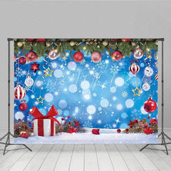 Lofaris Christmas Blue Bokeh Winter Snow Backdrop Pine Branches Red Ornaments Gift Box Background Xmas Holiday Party Decoration