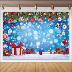 Lofaris Christmas Blue Bokeh Winter Snow Backdrop Pine Branches Red Ornaments Gift Box Background Xmas Holiday Party Decoration