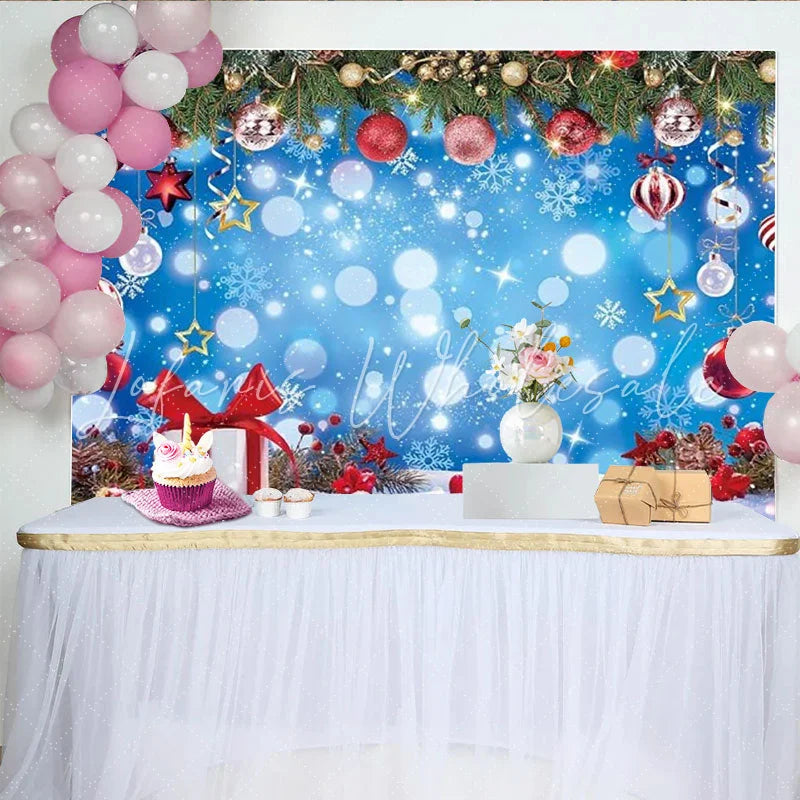 Lofaris Christmas Blue Bokeh Winter Snow Backdrop Pine Branches Red Ornaments Gift Box Background Xmas Holiday Party Decoration