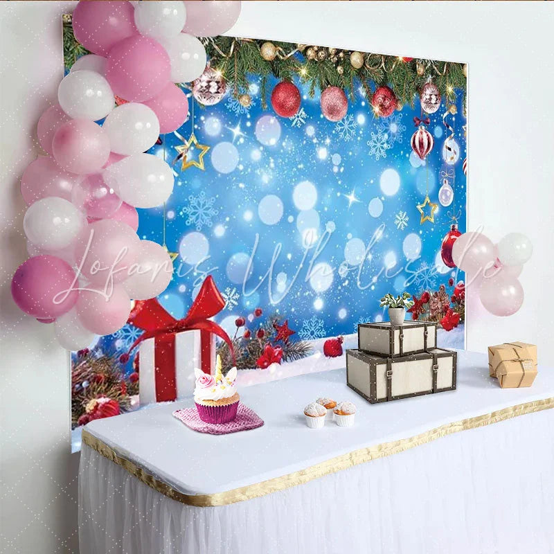 Lofaris Christmas Blue Bokeh Winter Snow Backdrop Pine Branches Red Ornaments Gift Box Background Xmas Holiday Party Decoration