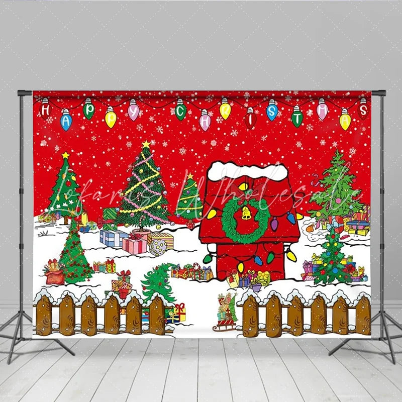 Lofaris Christmas Cartoon Yard Backdrop Red Doghouse and Winter Snow Photography Background Xmas Holiday Party Decoration Prop