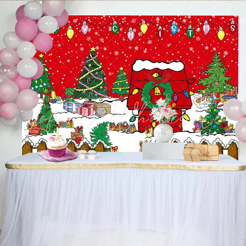 Lofaris Christmas Cartoon Yard Backdrop Red Doghouse and Winter Snow Photography Background Xmas Holiday Party Decoration Prop