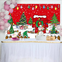 Lofaris Christmas Cartoon Yard Backdrop Red Doghouse and Winter Snow Photography Background Xmas Holiday Party Decoration Prop
