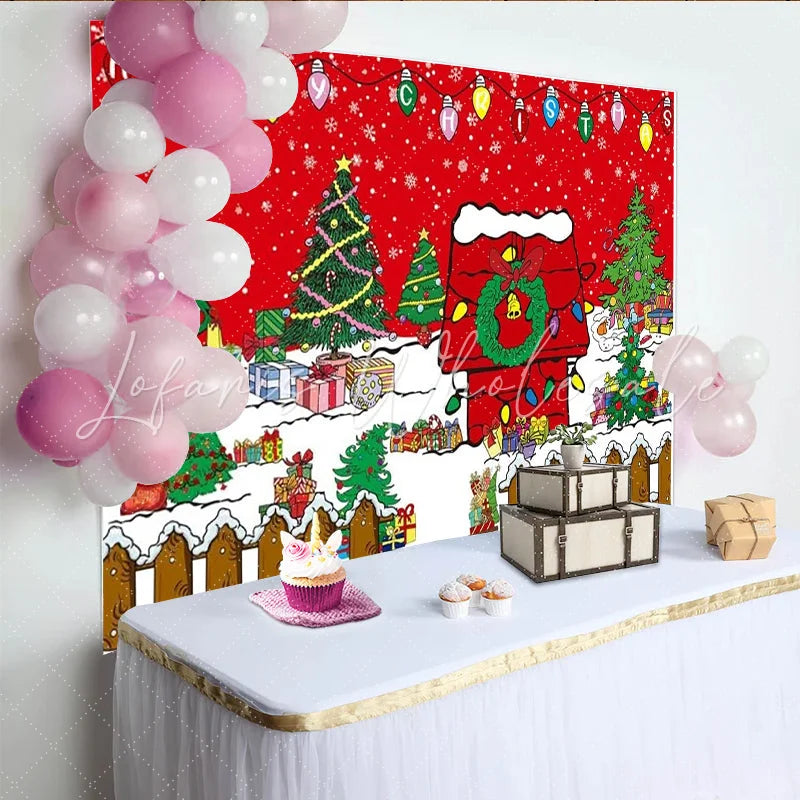 Lofaris Christmas Cartoon Yard Backdrop Red Doghouse and Winter Snow Photography Background Xmas Holiday Party Decoration Prop