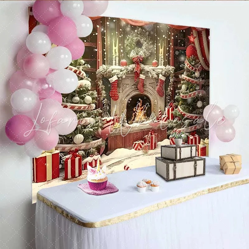 Lofaris Christmas Fireplace and Candy Cane Tree Backdrop Red Stockings and Festive Gifts Decoration