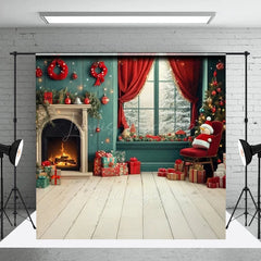 Lofaris Christmas Fireplace Sweep Photo Backdrop Cozy Room with Snowman and Gifts Teal Red Holiday Studio Prop