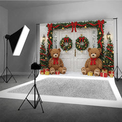 Lofaris Christmas Front Door Photography Backdrop Teddy Bears in the Snow with Garland Holiday Photo Background