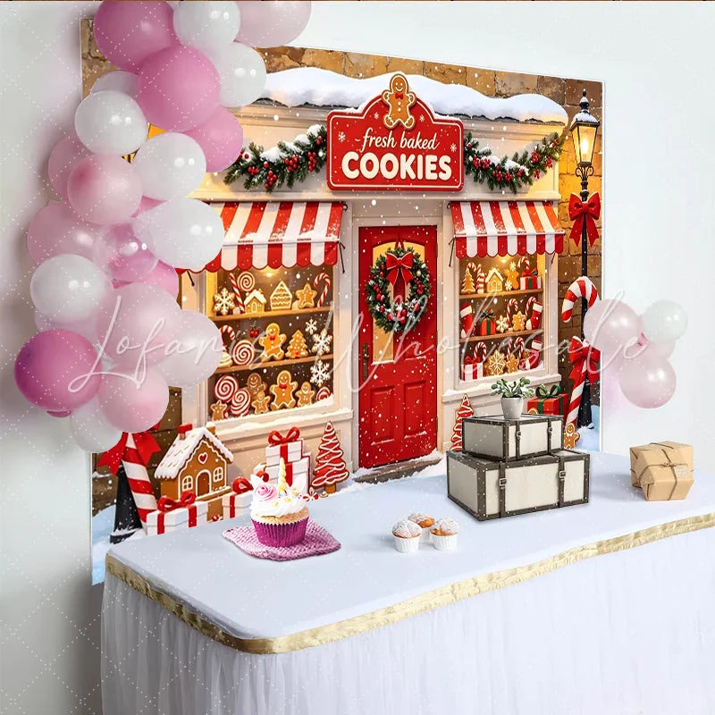 Lofaris Christmas Gingerbread Cookie Shop Backdrop with Snow and Wreath Ideal Winter Holiday Background for Festive Party Decor