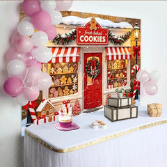 Lofaris Christmas Gingerbread Cookie Shop Backdrop with Snow and Wreath Ideal Winter Holiday Background for Festive Party Decor