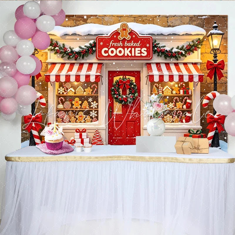 Lofaris Christmas Gingerbread Cookie Shop Backdrop with Snow and Wreath Ideal Winter Holiday Background for Festive Party Decor