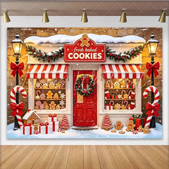 Lofaris Christmas Gingerbread Cookie Shop Backdrop with Snow and Wreath Ideal Winter Holiday Background for Festive Party Decor