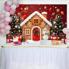 Lofaris Christmas Gingerbread House Backdrop with Decorated Trees and Gifts Snowy Winter Holiday Background for Family Photoshoots