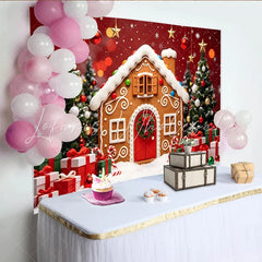 Lofaris Christmas Gingerbread House Backdrop with Decorated Trees and Gifts Snowy Winter Holiday Background for Family Photoshoots
