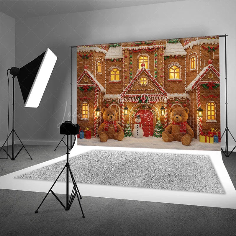 Lofaris Christmas Gingerbread House Photography Backdrop Teddy Bears and Snowman Candyland Holiday Photo Background