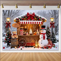 Lofaris Christmas Hot Cocoa Stand Backdrop with Snowman and Festive Decor Charming Winter Holiday Scene for Family Photos and Party