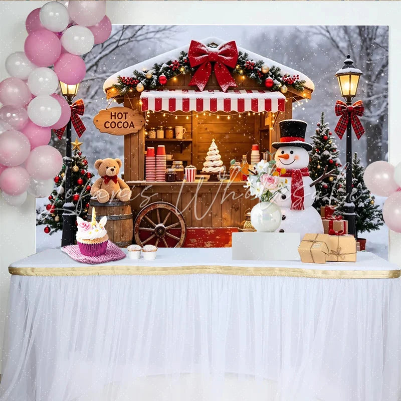 Lofaris Christmas Hot Cocoa Stand Backdrop with Snowman and Festive Decor Charming Winter Holiday Scene for Family Photos and Party