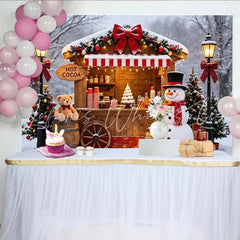 Lofaris Christmas Hot Cocoa Stand Backdrop with Snowman and Festive Decor Charming Winter Holiday Scene for Family Photos and Party