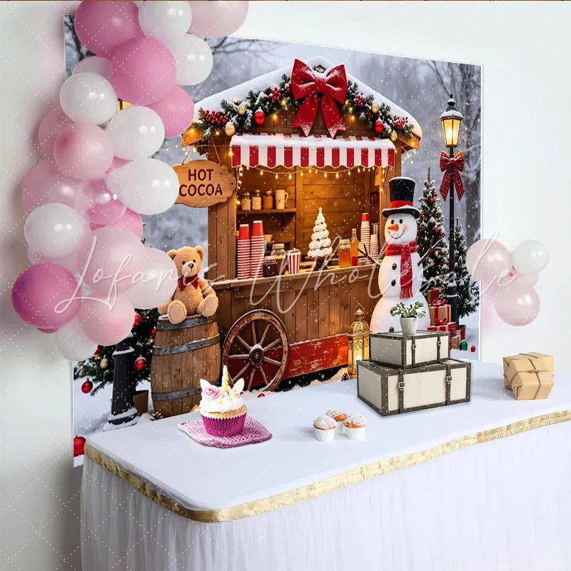 Lofaris Christmas Hot Cocoa Stand Backdrop with Snowman and Festive Decor Charming Winter Holiday Scene for Family Photos and Party