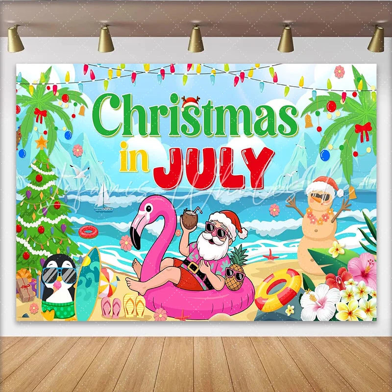 Lofaris Christmas In July Beach Party Backdrop with Santa and Snowman Summer Holiday Decoration for Photoshoot
