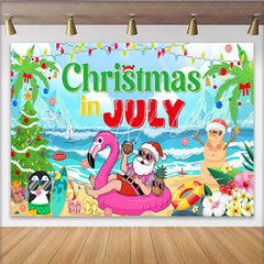 Lofaris Christmas In July Beach Party Backdrop with Santa and Snowman Summer Holiday Decoration for Photoshoot