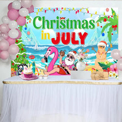 Lofaris Christmas In July Beach Party Backdrop with Santa and Snowman Summer Holiday Decoration for Photoshoot