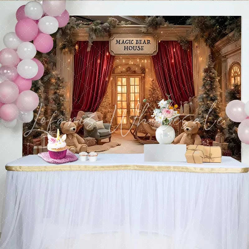 Lofaris Christmas Magic Bear House Backdrop Red Velvet Curtains and Teddy Bear Sled Decoration
