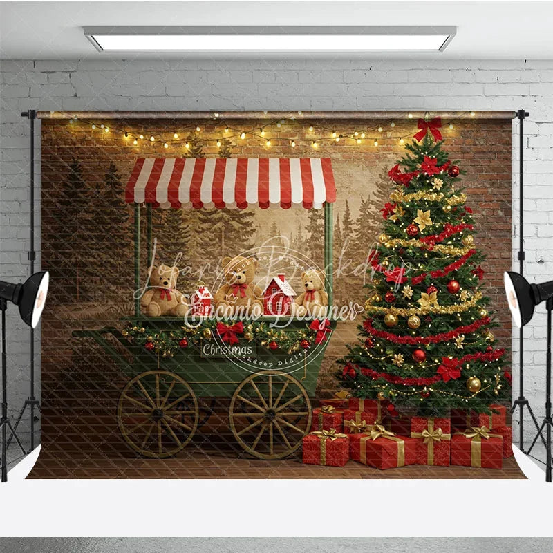 Lofaris Christmas Market Cart Photography Backdrop Teddy Bears and String Lights Rustic Holiday Mini Session Background