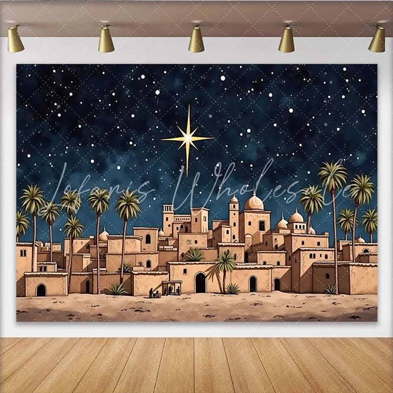 Lofaris Christmas Nativity Backdrop with Star of Bethlehem and Desert Town Holy Night Scene Photography Background for Holiday Decor
