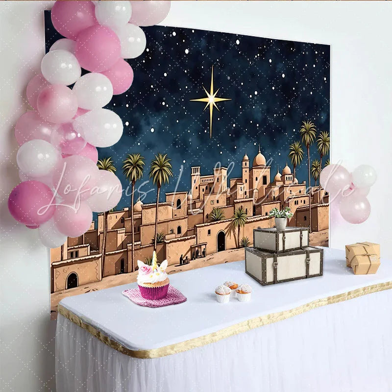 Lofaris Christmas Nativity Backdrop with Star of Bethlehem and Desert Town Holy Night Scene Photography Background for Holiday Decor