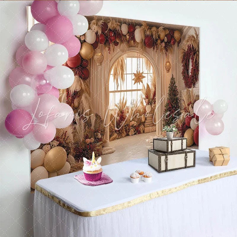 Lofaris Christmas Pampas Grass Balloon Backdrop with Red and Gold Decor Elegant Holiday Party Background for Festive Photoshoot