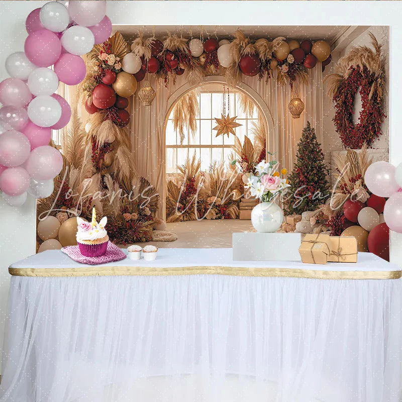 Lofaris Christmas Pampas Grass Balloon Backdrop with Red and Gold Decor Elegant Holiday Party Background for Festive Photoshoot