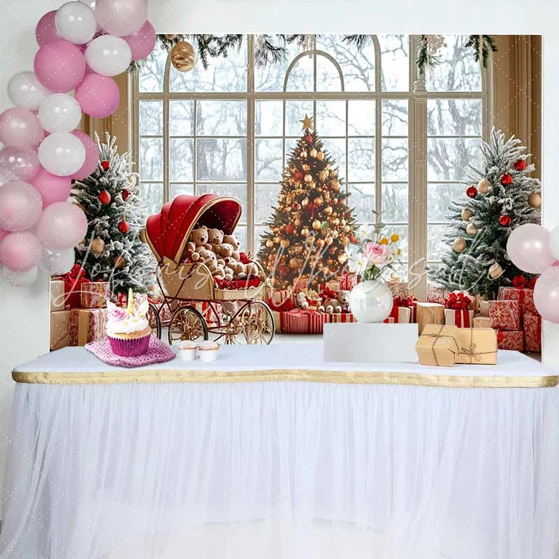 Lofaris Christmas Photography Backdrop Winter Window Snow Scene with Red Stroller and Teddy Bears