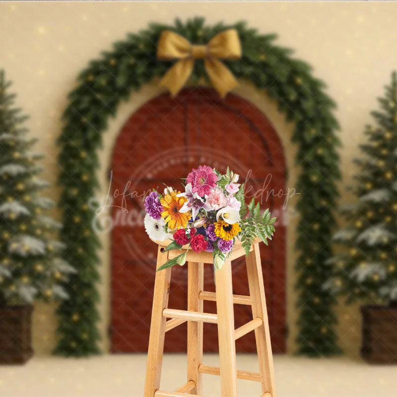 Lofaris Christmas Red Barn Door Photography Backdrop Rustic Garland Arch with Trees Farmhouse Holiday Photo Background