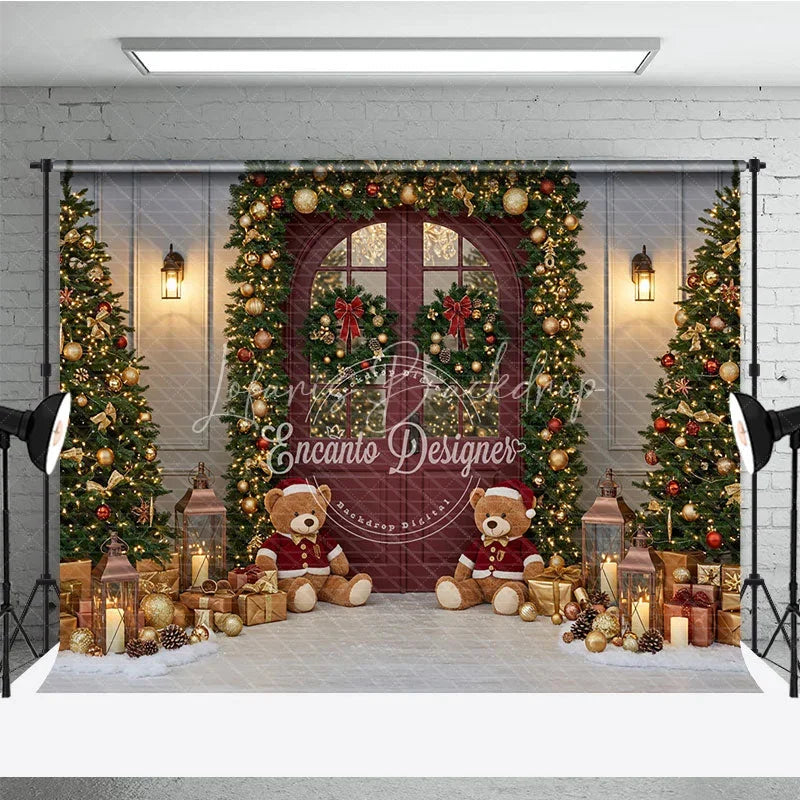 Lofaris Christmas Red Door Photography Backdrop Teddy Bears in the Snow with Garland Holiday Mini Session Background