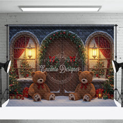 Lofaris Christmas Stone House Photography Backdrop Rustic Arched Door with Teddy Bears Snowy Holiday Photo Background