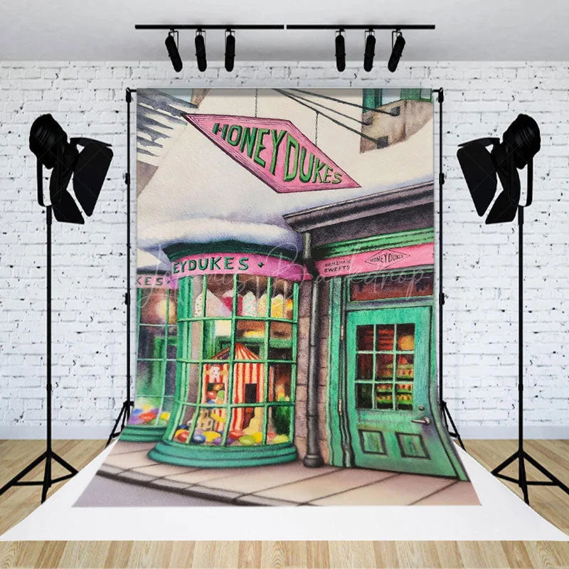 Lofaris Christmas Sweet Shop Photography Backdrop Magical Candy Store in a Snowy Village Fantasy Wizard Themed Decor