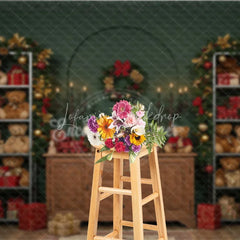 Lofaris Christmas Teddy Bear Toy Shop Photography Backdrop Vintage Cabinet with Garland Holiday Mini Session Background