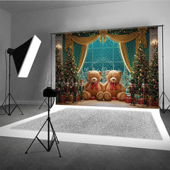 Lofaris Christmas Toy Room Photo Booth Backdrop Giant Teddy Bears and Nutcrackers Snowy Window Holiday Background