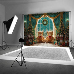 Lofaris Christmas Toy Room Photography Backdrop Giant Teddy Bears and Nutcrackers Snowy Window Holiday Background