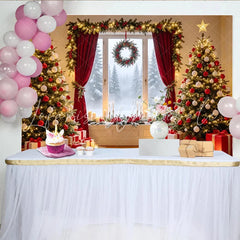 Lofaris Christmas Tree Backdrop with Red Ornaments and Glowing Lights Snowy Window Scene Holiday Photography Background for Winter Decor