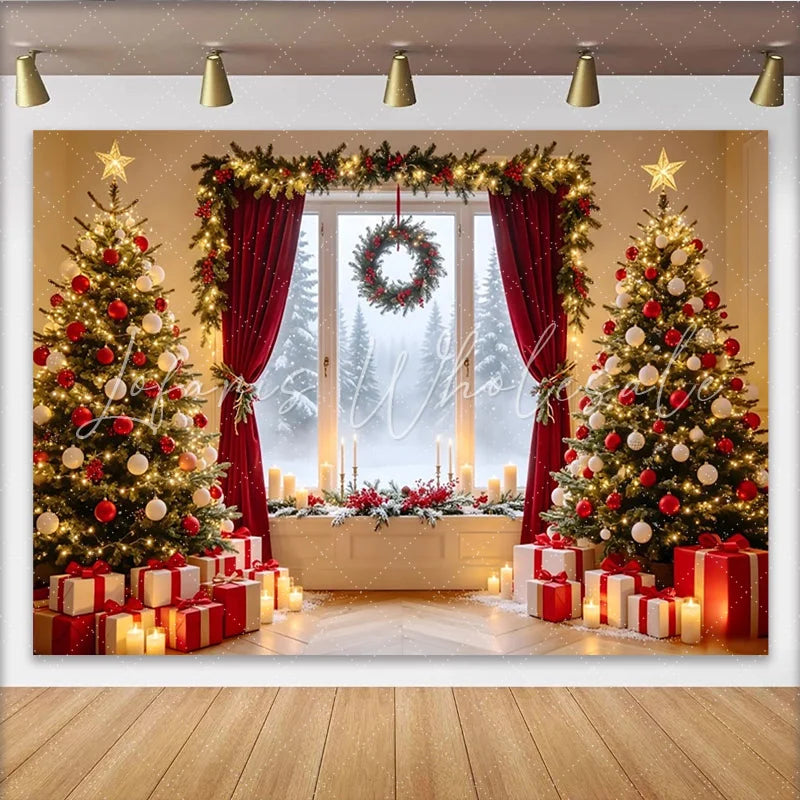 Lofaris Christmas Tree Backdrop with Red Ornaments and Glowing Lights Snowy Window Scene Holiday Photography Background for Winter Decor