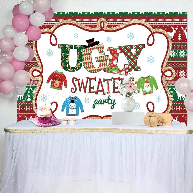 Lofaris Christmas Ugly Sweater Party Backdrop Red Green Knitting Pattern Photography Background Holiday Xmas Party Decoration Prop