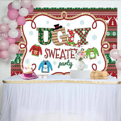 Lofaris Christmas Ugly Sweater Party Backdrop Red Green Knitting Pattern Photography Background Holiday Xmas Party Decoration Prop