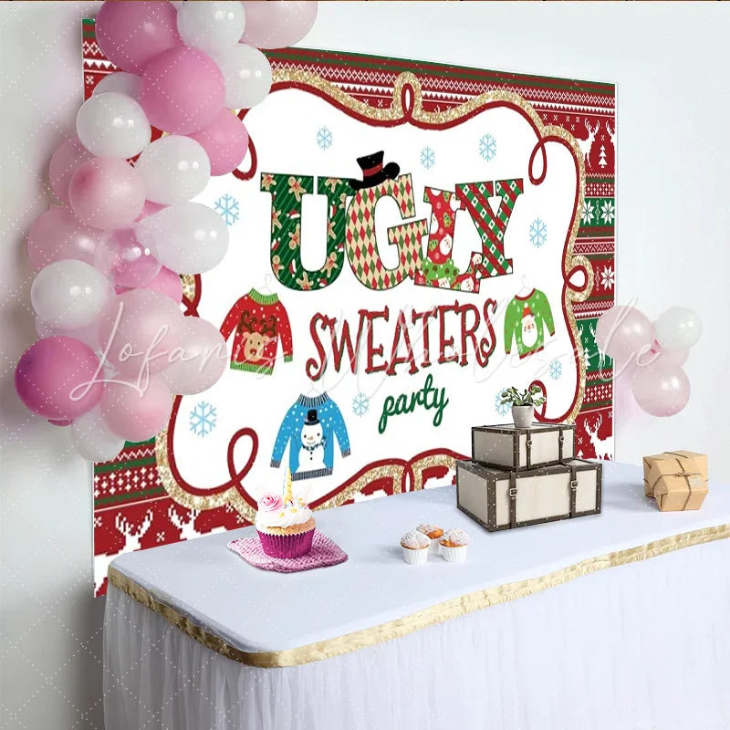 Lofaris Christmas Ugly Sweater Party Backdrop Red Green Knitting Pattern Photography Background Holiday Xmas Party Decoration Prop