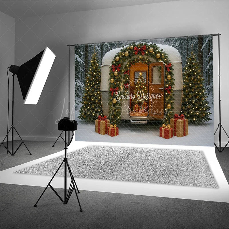 Lofaris Christmas Vintage Camper Photography Backdrop Retro Trailer in a Snowy Forest Holiday Mini Session Background